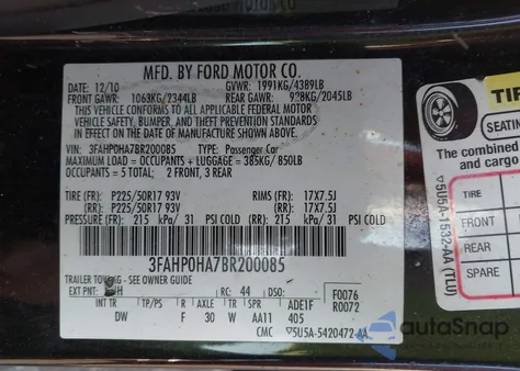 2011 Ford Fusion Se z USA, uszkodzony, nr VIN 3FAHP0HA7BR200085